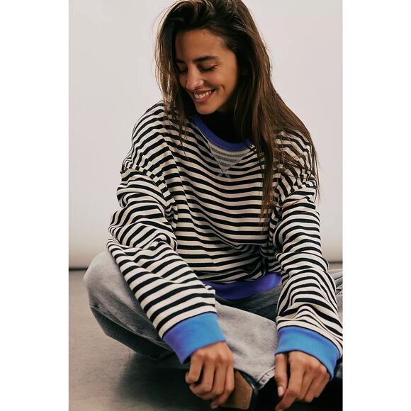 Free People We the Free Sweatshirt Striped Oversized Crewneck Size Medium - Picture 1 of 12